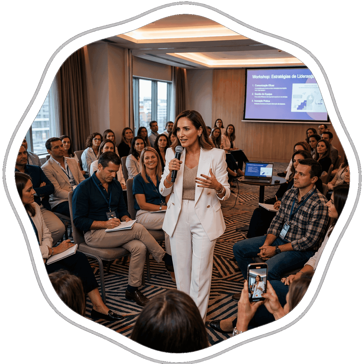 Daniela Sousa a liderar workshop de estratégias de liderança perante uma equipa em ambiente de formação profissional
