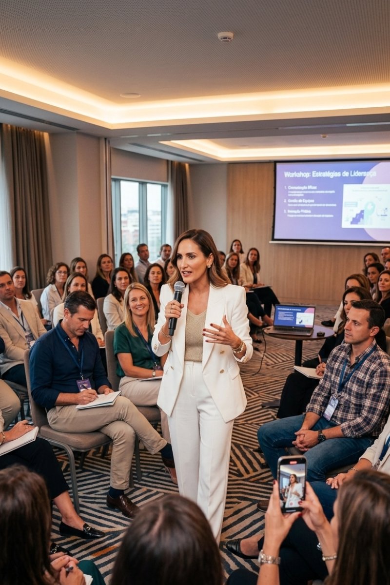 Sessão de desenvolvimento de competências de comunicação com formadora a apresentar conteúdo